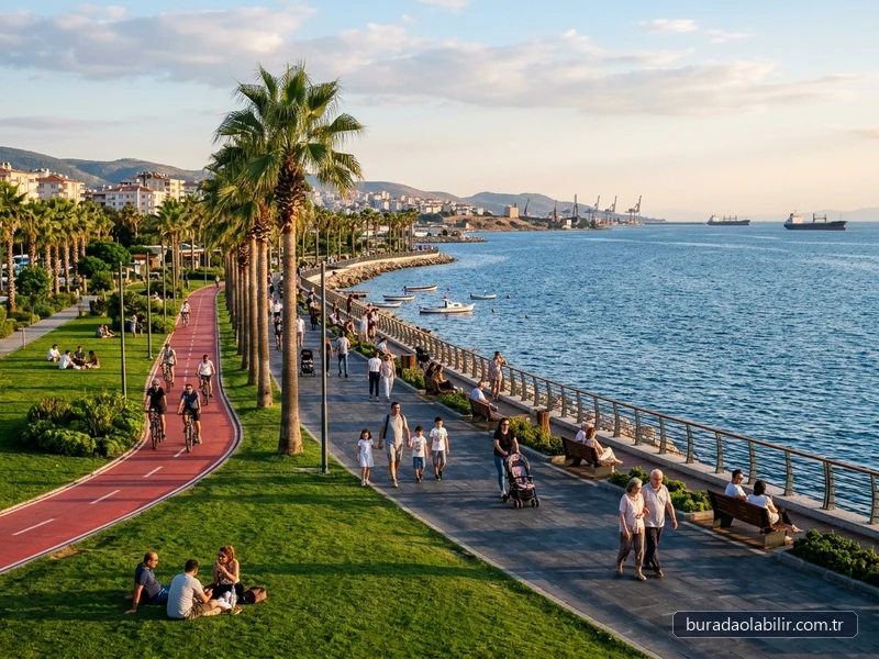 Aliağa Sahil Kordonu palmiye ağaçları geniş çim rekreasyon alanı bisiklet yolu ve Ege Denizi İzmir
