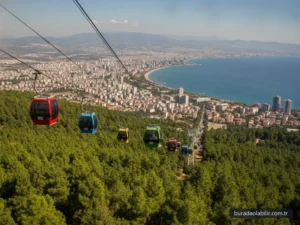 Balçova Teleferik tesisleri rengarenk kabinler Dede Dağı zirve çam ormanları İzmir Körfezi manzarası