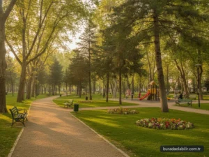 Behzat Öz Parkı yeşil yürüyüş yolları çınar ağaçları dinlenme bankları Balçova İzmir
