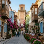 Dario Moreno Sokağı Tarihi Rum Evleri Cumbalar Begonviller ve Tarihi Asansör Yaklaşımı
