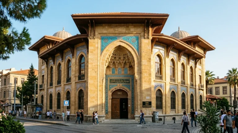 İzmir Milli Kütüphane Birinci Ulusal Mimarlık Akımı taş cephesi, sivri kemerleri ve çini süslemeleri