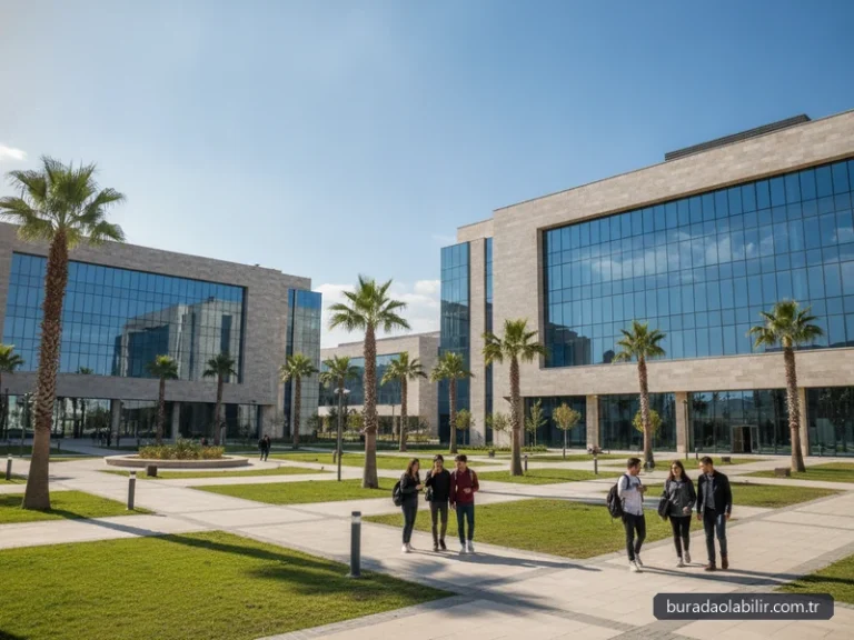İzmir Kâtip Çelebi Üniversitesi Çiğli ana yerleşkesi modern fakülte binaları meydan palmiyeler