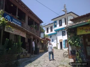 Kozbeyli Köyü begonvilli taş sokakları ve tarihi köy kahvesi