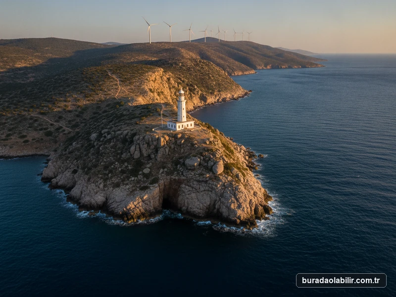 Sarpıncık Deniz Feneri tarihi kule Ege Denizi ve rüzgar gülleri Karaburun İzmir