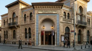 Tarihi Elhamra Sahnesi Konak Neo-Mağribi ve Neo-Klasik taş oymaları, taç kapısı ve çini frizleri