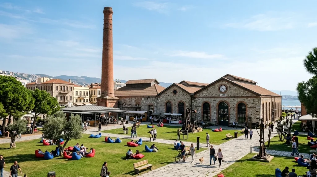 Tarihi Havagazı Fabrikası Alsancak kırmızı tuğla bacası, endüstriyel taş binaları ve yeşil çim avlusu