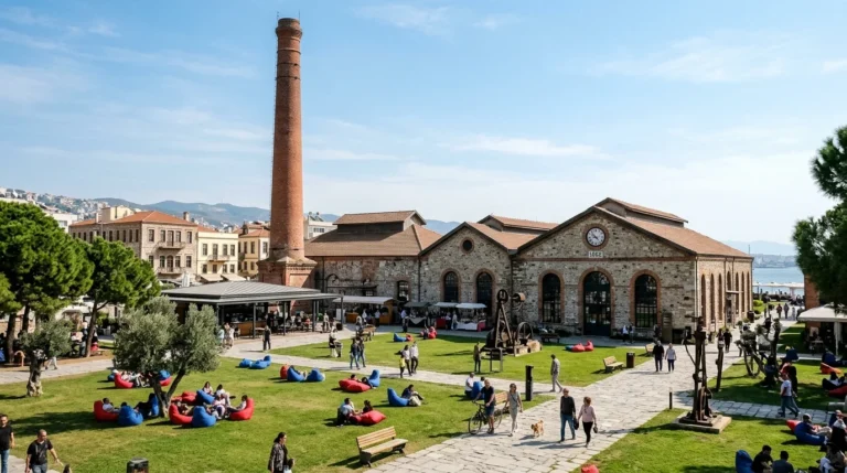 Tarihi Havagazı Fabrikası Alsancak kırmızı tuğla bacası, endüstriyel taş binaları ve yeşil çim avlusu