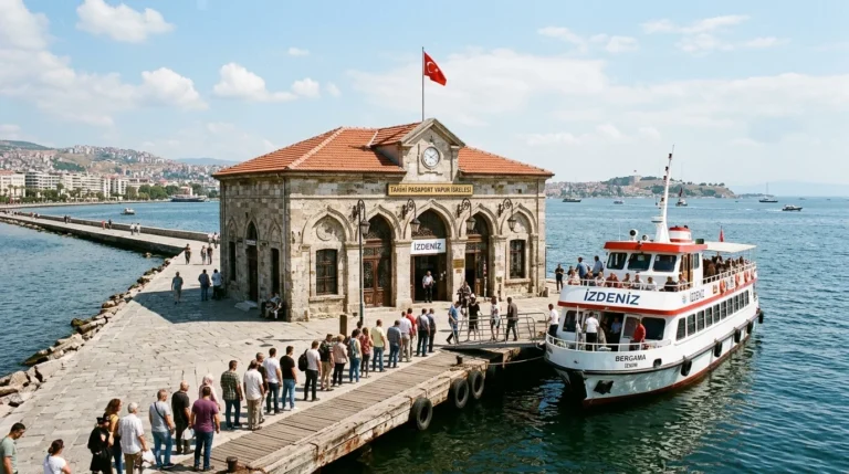 Tarihi Pasaport İskelesi 1884 taş mimarisi kiremit çatısı ve körfez vapurları
